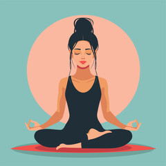 Flat vector illustration of a woman meditating in a calm, relaxed pose.
