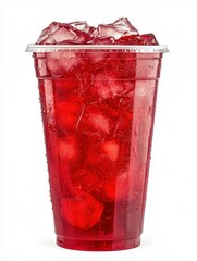 Refreshing red iced drink in clear cup with ice cubes, beverage, cold, thirst, summer, chill.