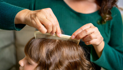 Fototapeta premium Mother doing head lice cleaning on her daughter curly hair.