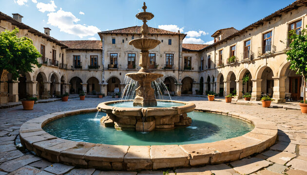 Cour int&eacute;rieure avec fontaine historique en pierre