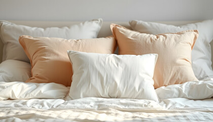 Many soft pillows on bed at home, closeup isolated with white highlights, png