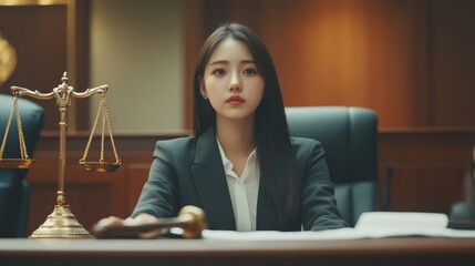 Asian female lawyer working and scales of justice in courtroom