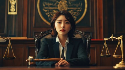 Asian female lawyer working and scales of justice in courtroom