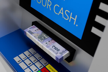 ATM Machine Closeup with Indian Rupee 100 Note Bundle - 3D Illustration Render
