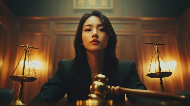 Asian female lawyer working and scales of justice in courtroom