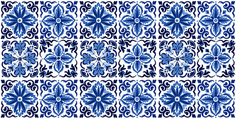 Portuguese tile pattern vector seamless with mosaic arabesque ornaments. Moroccan ceramic, lisbon azulejo, mexican talavera, italian sicily, spanish majolica, turkish, mediterranean texture design