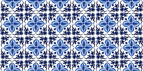 Azulejo seamless pattern. Collection of ceramic tiles in Turkish style. Portuguese and Spanish decor in blue, white. Islam, Arabic, Indian, Ottoman motif