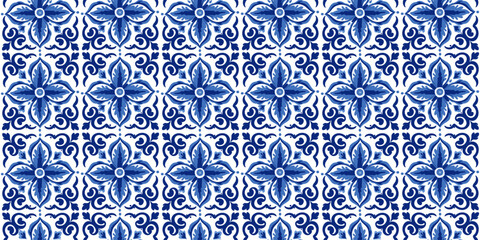 Pattern with azulejo mosaic tiles, blue and white colors, mediterranean, portuguese, spanish and and turkish traditional vintage style. Vector illustration