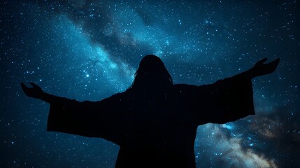 Silhouette of a Person with Outstretched Arms Against a Starry Night S