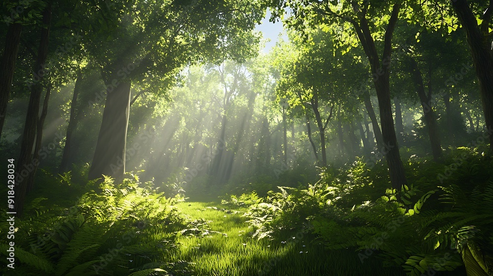 Poster sunbeams illuminating a lush forest path