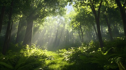 Obraz premium Sunbeams Illuminating a Lush Forest Path