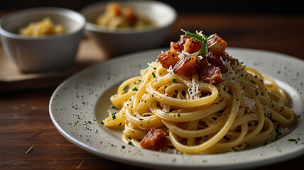 A Plate Of Creamy Spaghetti Carbonara Topped With Crispy Pancetta And Freshly Grated Parmesan Cheese, Restaurant Food Menu Image