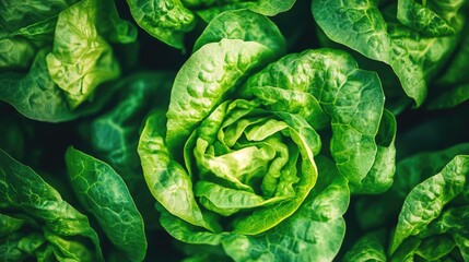 Obraz premium Close-up of fresh butterhead lettuce, showcasing the vibrant green leaves and crisp texture, perfect for healthy food concepts.