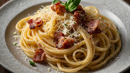 A Plate Of Creamy Spaghetti Carbonara Topped With Crispy Pancetta And Freshly Grated Parmesan Cheese, Restaurant Food Menu Image