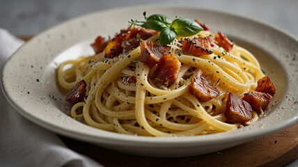 A Plate Of Creamy Spaghetti Carbonara Topped With Crispy Pancetta And Freshly Grated Parmesan Cheese, Restaurant Food Menu Image