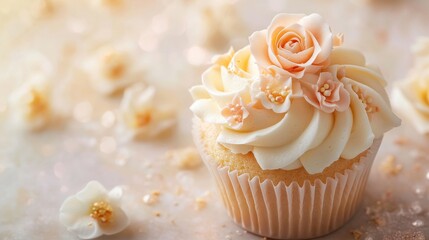 Delicate Peach Cupcake with Rose Decoration: A close-up view of a single cupcake with delicate peach frosting and a single rose decoration on a light background, creating a soft and romantic ambiance.