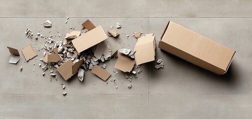 An exploded view of a cardboard box scattered across a floor, showcasing pieces and debris in a minimalistic setting.