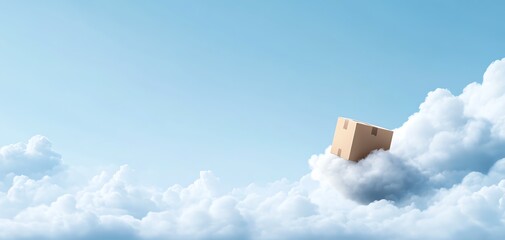A whimsical scene of a cardboard box floating among fluffy clouds in a clear blue sky, symbolizing delivery and imagination.