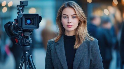 Reporter standing next to camera