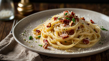 A Plate Of Creamy Spaghetti Carbonara Topped With Crispy Pancetta And Freshly Grated Parmesan Cheese, Restaurant Food Menu Image