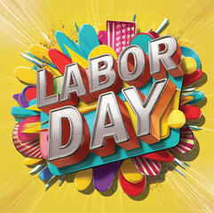 A poster for the day of labor day with a man walking in front of them. Labor Day 3D Effect Typography
