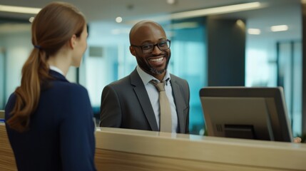 Bank staff are greeting customers with smiles at the service counter in the bank