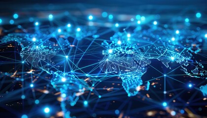 Global connectivity visualized with a network of bright nodes and lines across a digital world map, showcasing connections between continents at night