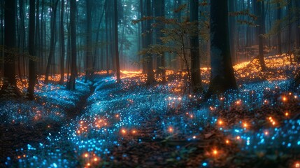 Glowing Bioluminescent Forest: A night forest illuminated by glowing bioluminescent plants and fungi, creating a magical and enchanting scene straight out of a fantasy world.