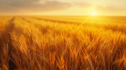 Obraz premium Golden Wheat Field at Sunset: A vast field of golden wheat swaying in the breeze under the warm light of the setting sun, evoking a sense of abundance and tranquility.
