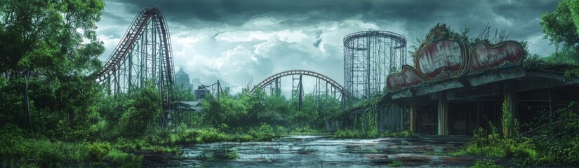 Obraz premium Deserted Amusement Park: An Anime-Style Illustration of Silent Roller Coasters and Carousels Amidst Overgrown Weeds,Abstract concepts, game concept art, storybook illustrations, comic strips