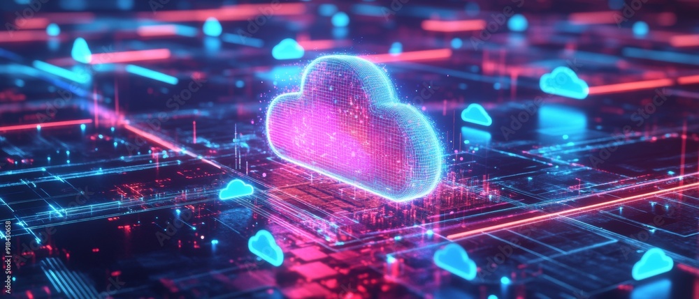 Aufkleber Futuristic Cloud Computing. Glowing Data Network and Connectivity