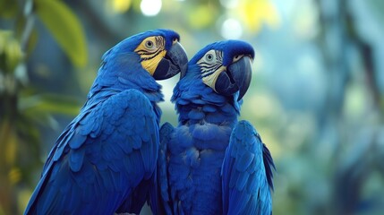 Obraz premium Two Blue Macaws in a Lush Green Forest