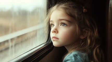 child girl looking out the window on a train