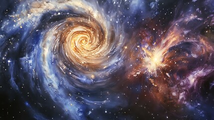 Cosmic Dance: A Spiral Galaxy and Nebula