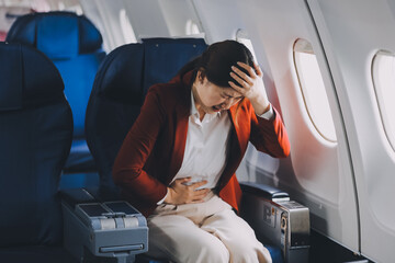 Photo of a frustrated woman sitting on an airplane with her head in her hands. Asian woman sitting in a seat in airplane