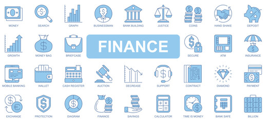 Finance icons set in duotone outline stroke design for web. Pack pictograms of money, search, graph, businessman, bank, justice, coins, handshake, deposit, briefcase, atm, other. Vector illustration.