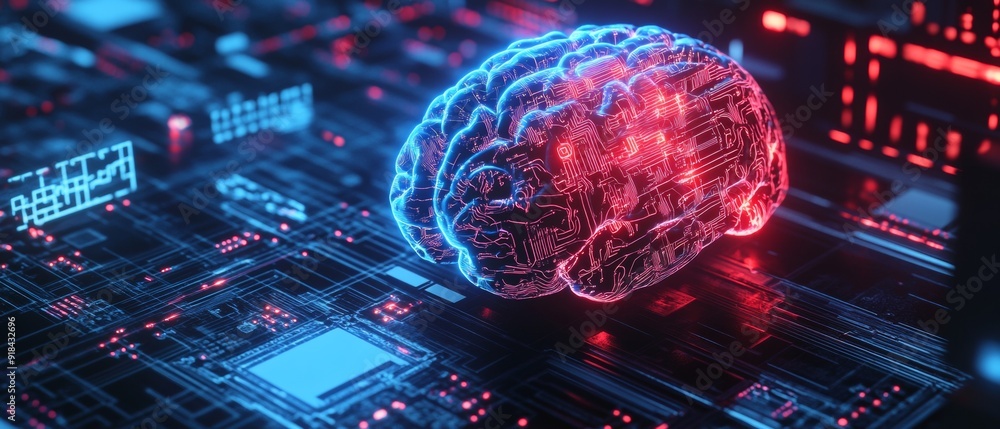 Poster Neural Fusion. Futuristic Brain Connected to Circuit Board