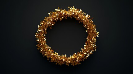 Obraz premium 3D rendering of a golden Christmas wreath made of gold on a black background y2k black background high detail hyper quality high texture detail