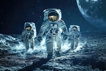 Three Astronauts Walking on the Moon's Surface