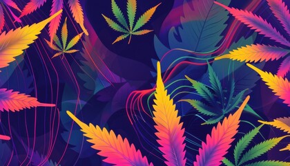 Vibrant digital artwork featuring colorful cannabis leaves against a dark background