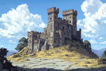 Fototapeta premium Deserted Ancient Castle on a Hill: A Solitary Anime-Style Fortress Amidst Barren Lands, Echoing the Tales of Ages Past,Abstract concepts, game concept art, storybook illustrations, comic strips