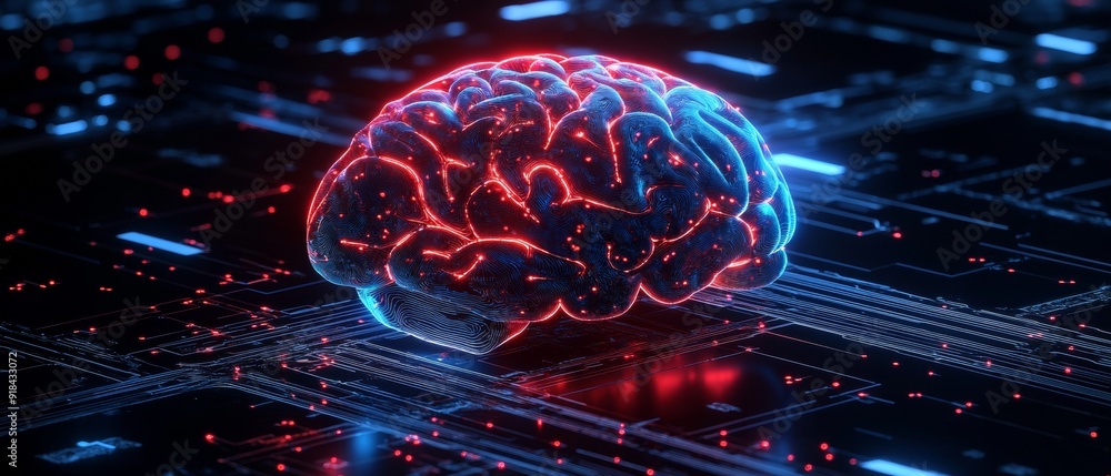Poster Neural Fusion. Futuristic Brain Connected to Circuit Board
