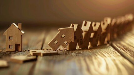 Fototapeta na wymiar Domino cascade with house models and insurance symbols illustrating real estate insurance impact
