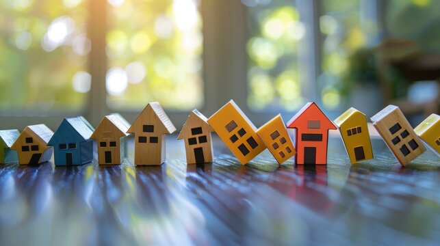 Real estate insurance impact  domino effect with falling dominos and house models in chain reaction