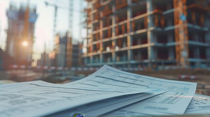 Budget management amid inflation with financial documents and construction site backdrop