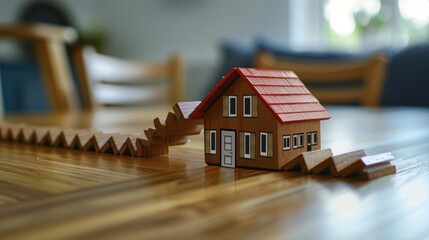Interconnected domino chain  real estate and insurance symbols falling, close up symbolism
