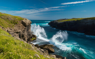 Fototapeta premium Crashing Waves and Verdant Cliffs