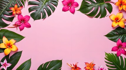Obraz premium Flat lay of tropical flowers and leaves arranged on a pink background, creating a vibrant and exotic composition. The colorful scene highlights the beauty and diversity of nature. Empty space place fo