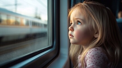 child girl looking out the window on a train