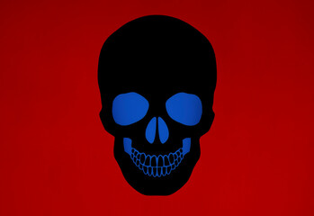 illustration of black human skull with blue eyes isolated on red background.